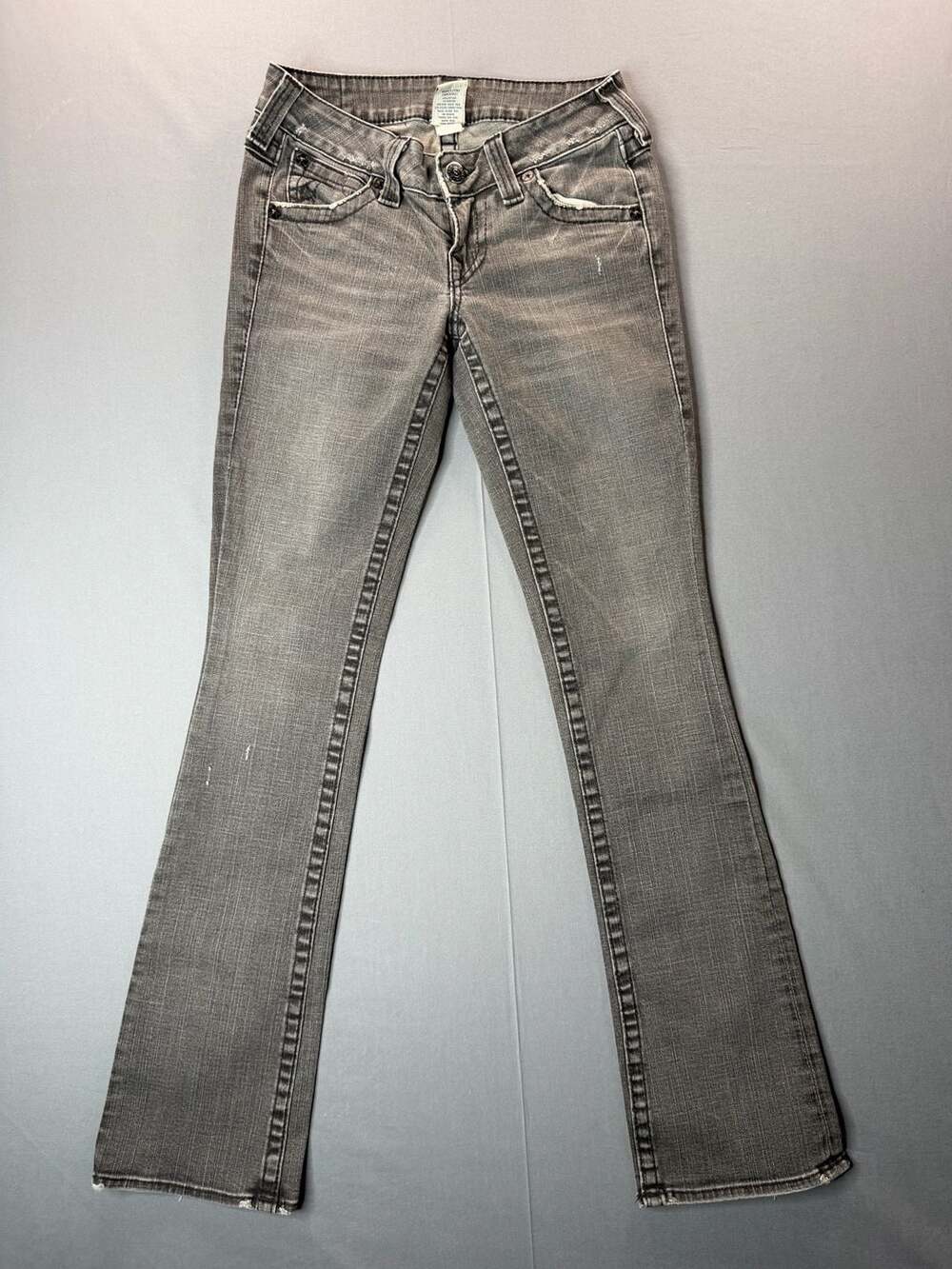 True Religion Billy Tour Grey Flap Pocket Flare Denim Jeans Size 28 Made in USA - Picture 5 of 8